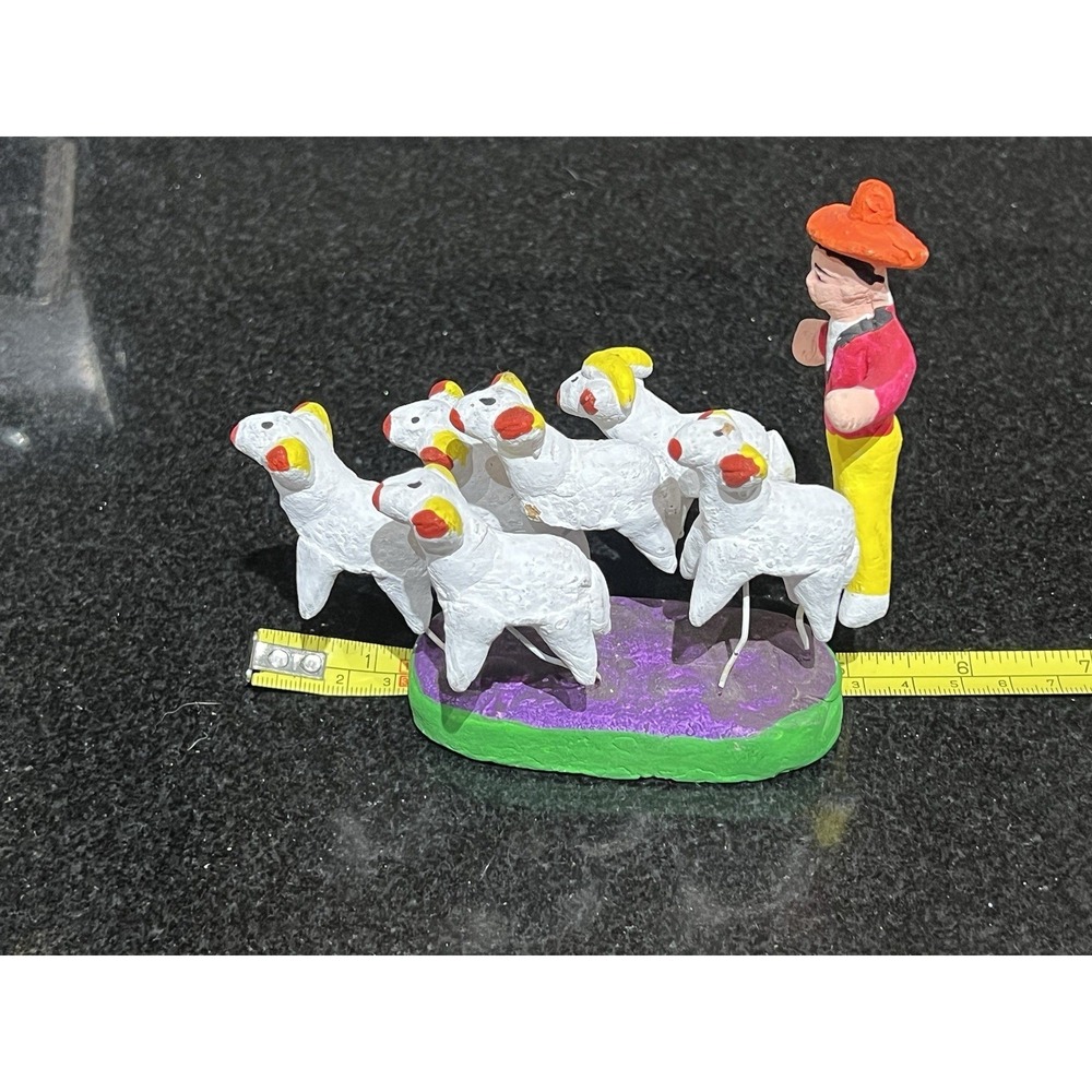 Vintage Mexican Folk Art Man Herding Sheep Clay Wire Herder Farmer Lambs - Picture 7 of 9